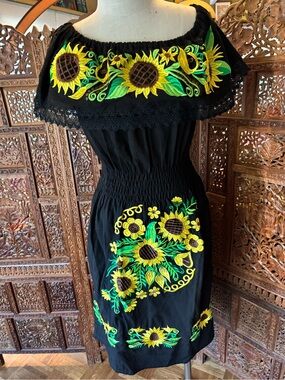 Embroidered Black Off-Shoulder Sunflower Midi Dress